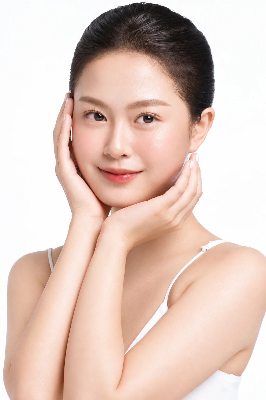 ภาพนางแบบประกอบ ยิ้มอ่อน ๆ ในแสงสตูดิโอโทนขาวนุ่ม